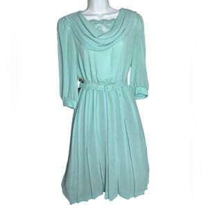 True Vintage VTG 70s Chiffon Seafoam Green Teal Women's Dress Sz 10 Medium Large